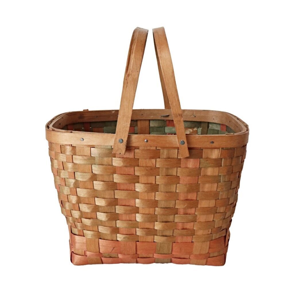 Rustic Market Basket Vintage Splint Wood Open Top Picnic Hamper  Double Swing-Ha